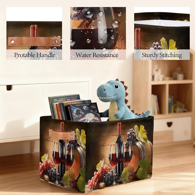 Pardick Storage Baskets Bin, Red Wine Collapsible Canvas Fabric Storage Bin Decorative Baskets Toy Organizer Rectangle Storage Boxes with handles for Home Shelves Nursery,Q-2