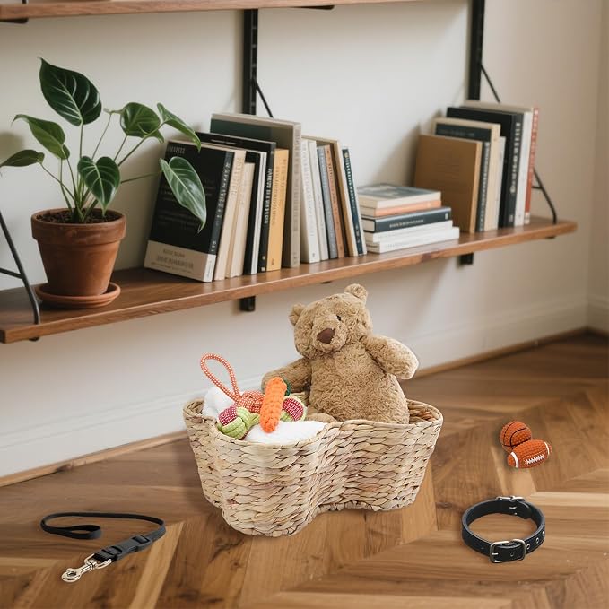 Water Hyacinth Dog Toy Basket, Bone Shaped Dog Toy Storage Basket, Pet Toys Organizer Bin, Handmade 16" x 13" x 7"