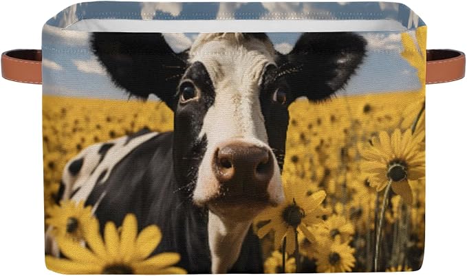 Cow Sunflower Storage Basket Bin Memorial Day Large Fabric Toys Storage Cube Box with Handles Collapsible Closet Shelf Cloth Organizer for Nursery Bedroom Bathroom