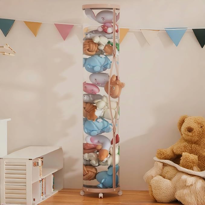 Stuff Animal Organizer,Stuffed Animal Zoo Storage, PET Plushies Storage for Kids Toy Organizer Toy Storage Box with Lid (Pink)