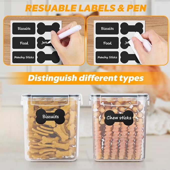 qeerable Airtight Dog Treat Jars with Scoops & Tongs - Small Pet Food Storage Containers for Kitchen Counter - 2-Pack Clear Plastic Dog Treat Holder & Canister for Puppy Training Rewards