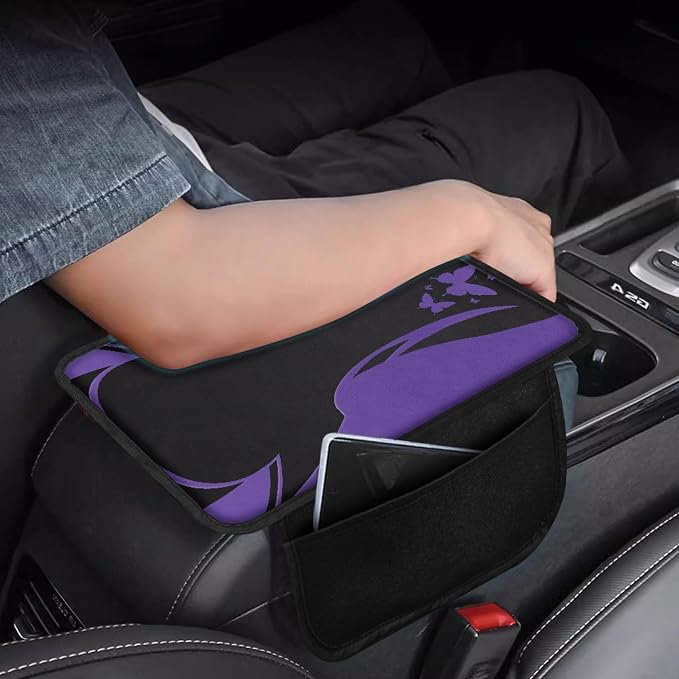 Howilath Auto Armrest Cover Pad, Non-Slip for Car Center Console | Purple Butterfly High-Quality Polyester, Comfortable Support, Washable, Perfect for Daily Commute