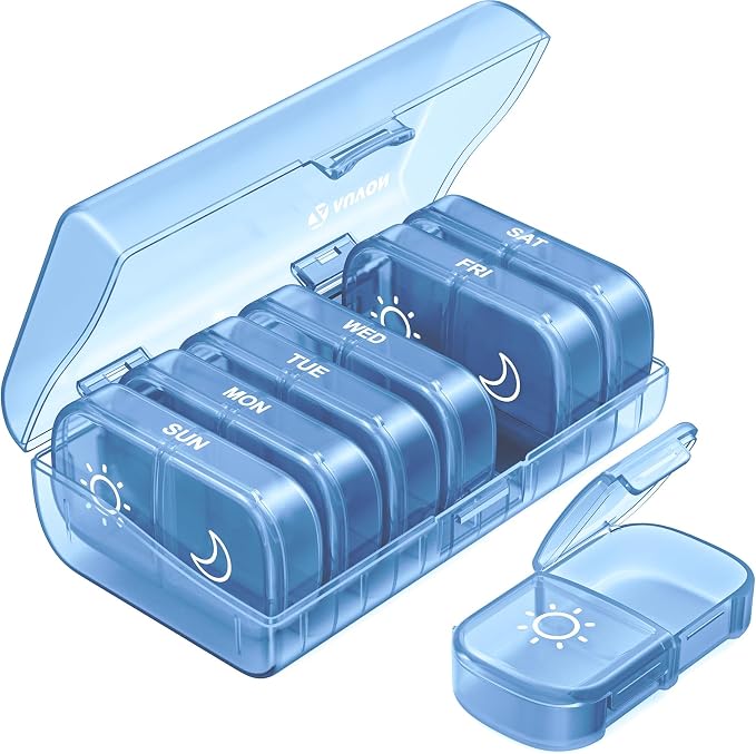 AUVON Weekly Pill Organizer 2 Times a Day, One-Side Large Opening, Easy‑Use | XL AM PM Pill Case, Travel Pill Box 7 Day, Medication Organizer for Medications, Vitamins, Fish Oils, Supplements, Ocean Blue
