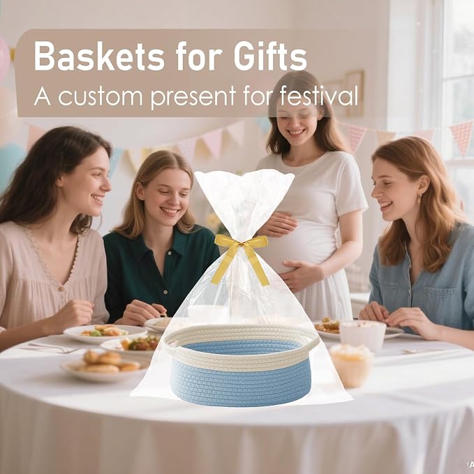 JMvicyroam Small Woven Basket, Empty Gift Basket, White&Blue/3 Pack | Small Gift Basket, Cotton Rope, 12 x 8 x 65 in, Handles, Includes Ribbon and Bag, Birthday Gift Basket