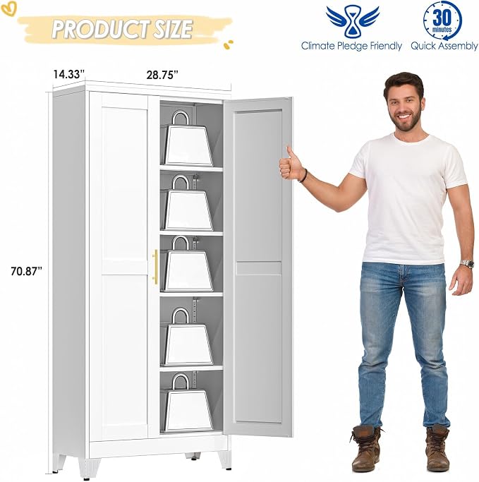GAIOUS 71" Tall Metal Storage Cabinet with 2 Doors and 4 Adjustable Shelves | Kitchen Pantry Cabinet White Freestanding Cupboard, 5 Tier Multifunctional Steel Storage for Office, Kitchen, Dining Room
