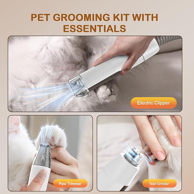 Dog Grooming Vacuum, Dog Grooming Kit with Pet Clipper Nail Grinder, 3 Suction Modes Dog Brush Vacuum with 6 Pet Grooming Tools (Auburn)
