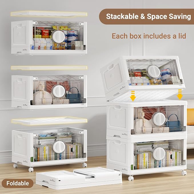 BROVIEW 360Qt Lockable Stackable Storage Bins with Lids, Closet Organizers and Storage Drawer, Collapsible Storage Bin with Wheels, Plastic Cabinet for Toy Clothes Dorm Organizer, V9 3 Pack White