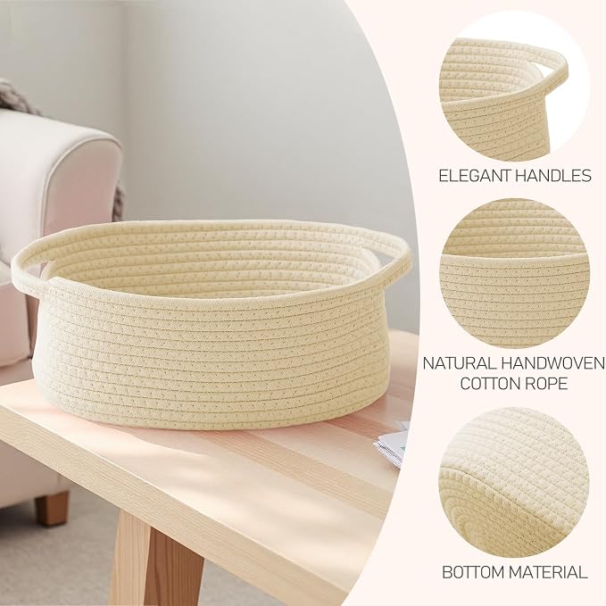 JMvicyroam Small Woven Basket, Empty Gift Basket, Beige/3 Pack | Small Gift Basket, Cotton Rope, 12 x 8 x 11 in, Handles, Includes Ribbon and Bag, Birthday Gift Basket