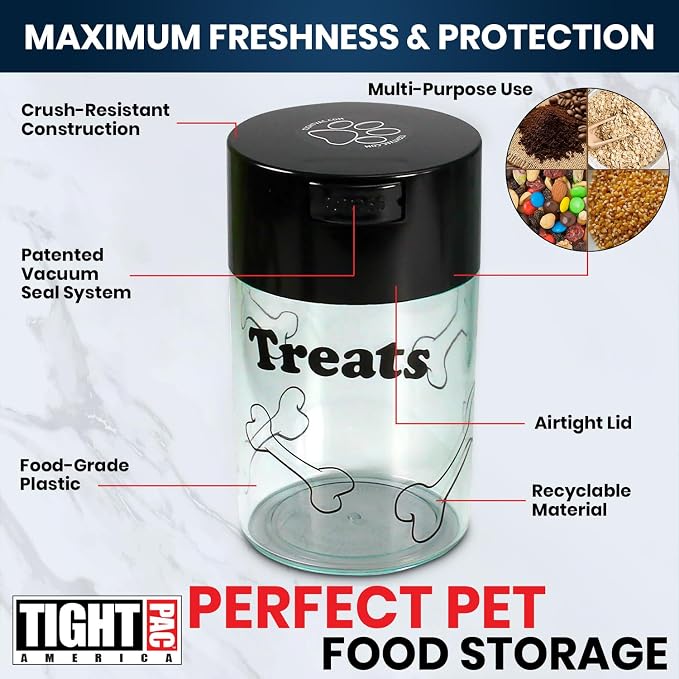 Tightpac Pawvac 1 to 6 Ounces Container, Airtight Pet Food and Treats Storage Jar - Patented Vacuum Seal Container for Pet Food, Treats and other Dry Goods - Clear with Treats