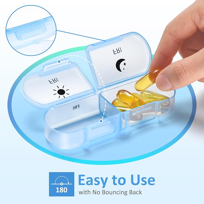 Fullicon Large Portable Pill Organizer 2 Times a Day, Clear Rainbow | Each Compartment Holds 10 Fish Oils or 16 Vitamins, Lid Stays Open Reliably, Double Secure Lock, Durable Hinges, Fits Purse