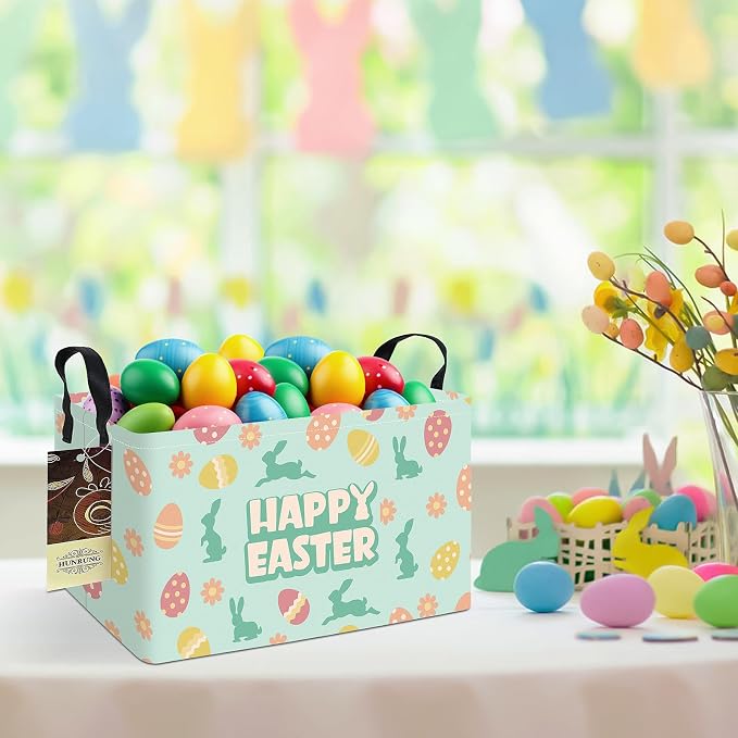 Rectangle Canvas Foldable Storage Basket for Nursery, Green Easter Egg | Portable and collapsible cloth receptacle. Stores pet essentials, daily use items. Folds flat when not in use