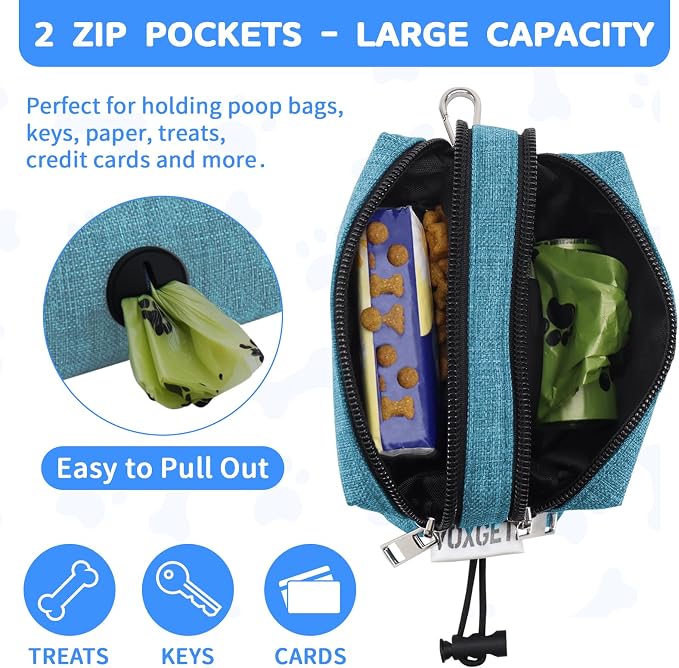 Dog Poop Bag Holder with Treat Pouch, 2 Zipper Pockets & Leash Clip | Waste Bag Dispenser with 1 Roll Poop Bags, Quick Access Treat Storage, Hands-Free Design for Dog Walking, Training & Travel