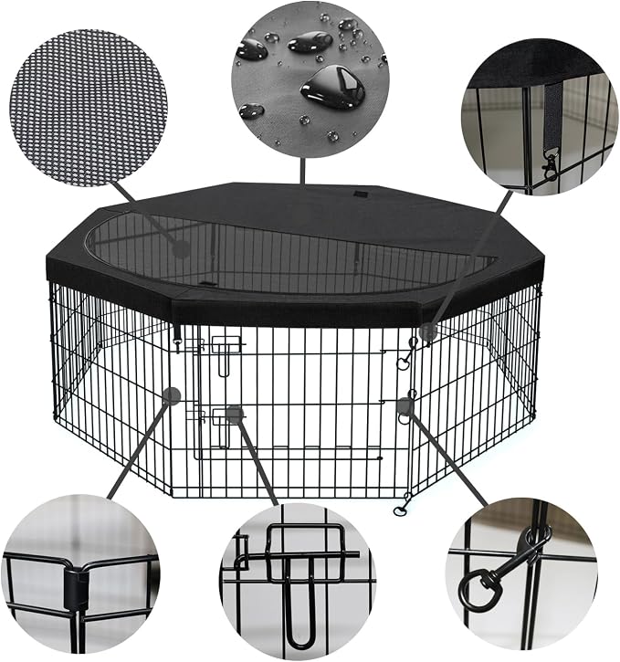 PETIME Foldable Metal Dog Exercise Pen/Pet Puppy Playpen Kennels Yard Fence Indoor/Outdoor 8 Panel 24" W x 36" H with Top Cover