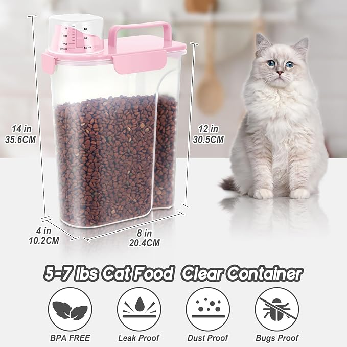 5-7LBS/6Qt Dog Cat Storage Container Portable with Upgraded Large Spout and Cup, Plastic Pet Food Dispenser for Small Animal Kibble, Bird Seed, Oatmeal, Rice, Flour, Brown Sugart-2 pack Smoky Pink