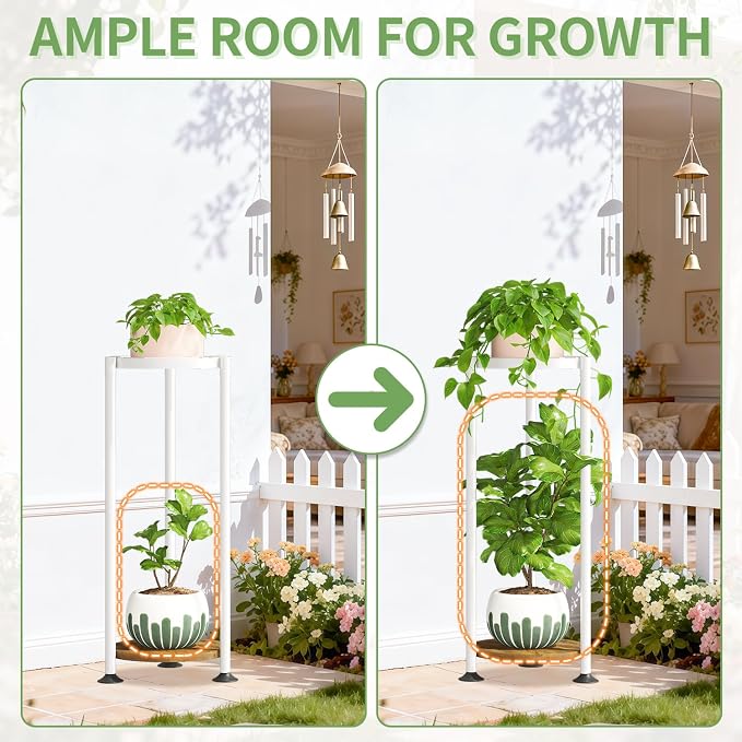 KMOTASUO Metal Plant Stand Tall for Indoor Outdoor Corner, 2 Tier White | Heavy Duty Flower Holder Rack, Modern Vertical Iron Shelf for Patio Bathroom Office Garden