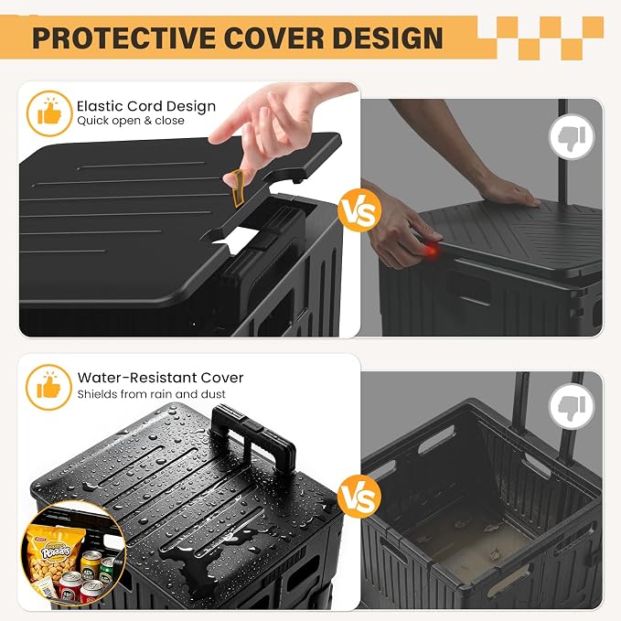 SUNALLY Folding Utility Cart Rolling Crate Handcart Shopping Trolley, Black | Lockable Collapsible Tool Box with Lid, Rolling Crate With Wheels for Grocery, Travel, Garden, Shop, Office, Luggage, Teacher