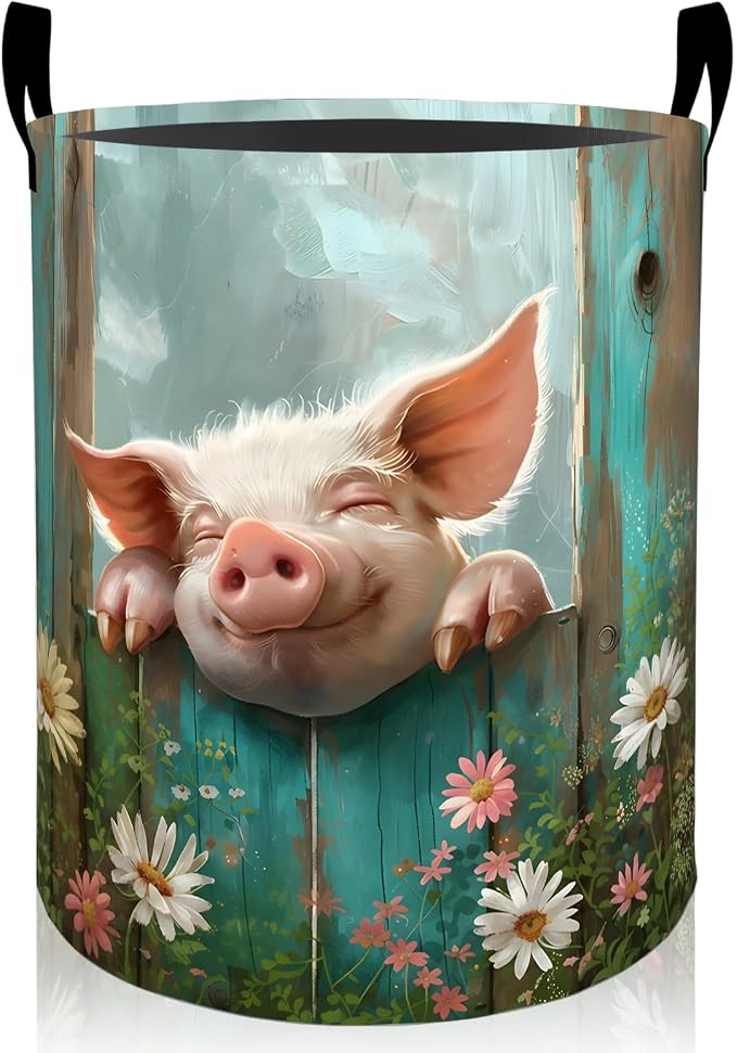Cute Pig Laundry Basket, Rustic Daisy Floral Foldable Oxford Cloth, Waterproof Dirty Clothes Hamper with Handles, Clothing Storage Bin Toy Organizer for Bedroom Dorm Bathroom, 19.7"x15.7"