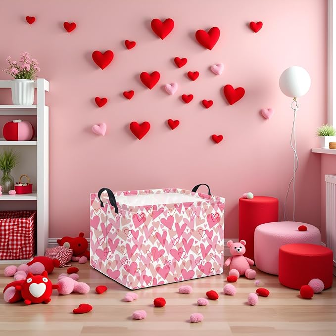 Rectangular Valentines Basket for Women Girls Storage Bin Organizer Box Shelf Room Decor(Romantic Hearts)
