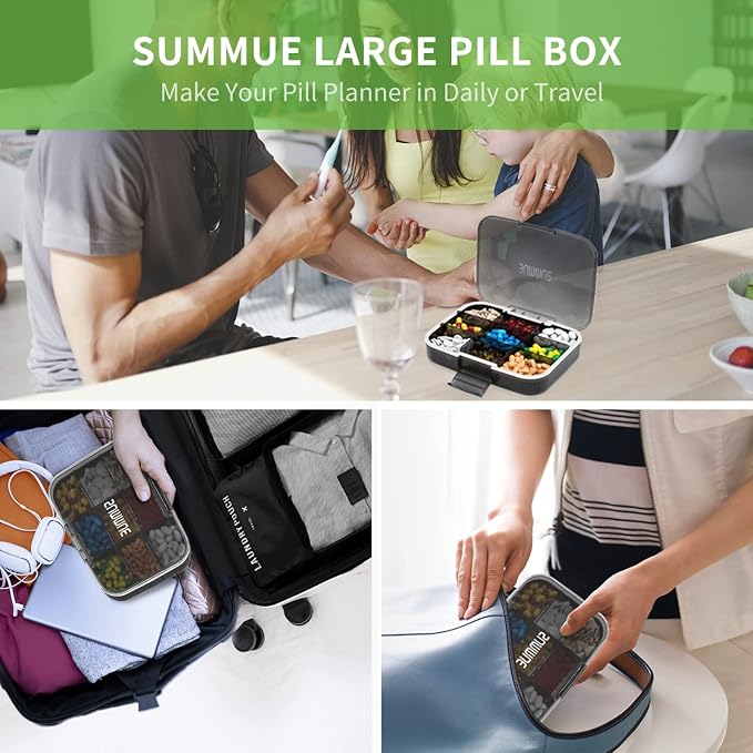 Large Pill Organizer, 9 Compartments Portable Travel Pill Box Case Moisture Proof, XL Pill Container Holder for Vitamins, Cod Liver Oil, Supplements, Medication (Black)