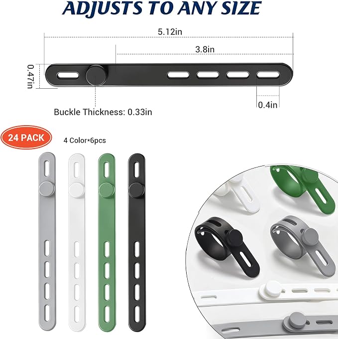 24 Pack Silicone Cable Ties, Cord Wrap for Home Office Travel Organizer | reusable, durable, adjustable, waterproof, elastic wire straps, multipurpose desk organization charger cord management holder
