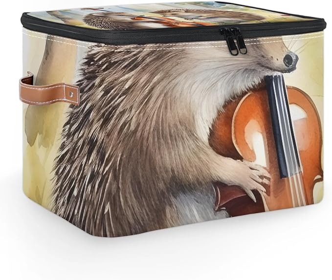 Hedgehog Jungle Animal Foldable Storage Bin with Lid Zipper | Closet Shelf Organizer, Boxes, Basket Containers for Home, Lidded Storage Cube for Bedroom, Waterproof, with Handles