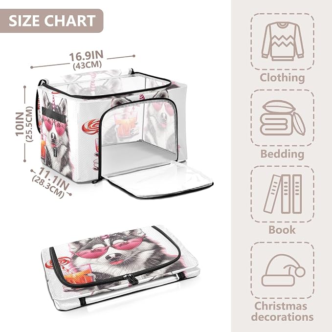 Foldable Storage Bin Dog with Glass Of Juice Sturdy Under Bed Storage Container with Clear Window and Handle