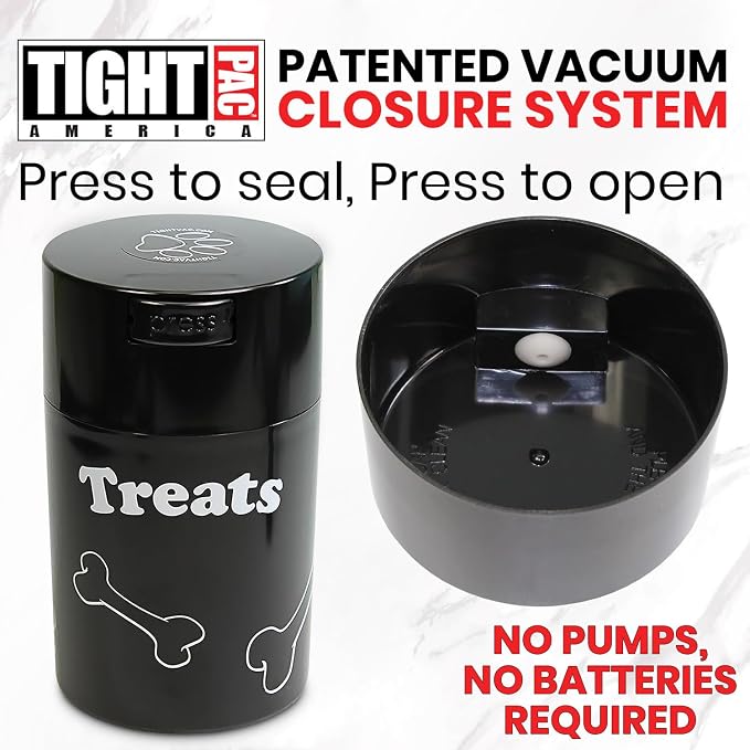 Tightpac Pawvac 1 to 6 Ounces Container, Airtight Pet Food and Treats Storage Jar - Patented Vacuum Seal Container for Pet Food, Treats and other Dry Goods - Black with Treats