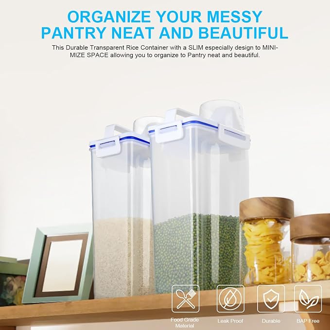 Uppetly Rice Airtight Dry Food Storage Containers, BPA Free Plastic Sealed Holder Bin Dispenser with Pouring Spout, Measuring Cup for Cereal, Flour and Oatmeal, Include a Stainless Steel Whisk