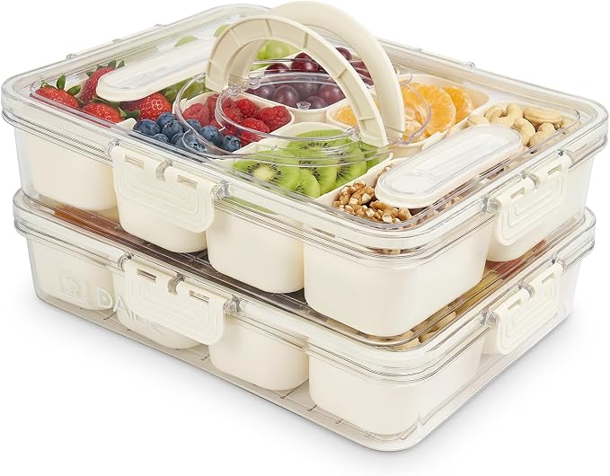 Snackle Box with Lid and Handle – Divided Snack Tray Organizer, Snack Organizer with Spoon & Fork for Travel, Charcuterie, Candy, Parties & Meal Prep