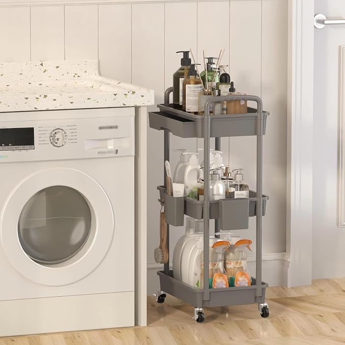 3 Tier Rolling Utility Cart with Drawer, Plastic Storage Organizer Rolling Carts with Wheels Handles Hanging Cups Hooks for Office, Bathroom, Kitchen,Craft Art Room (Grey)