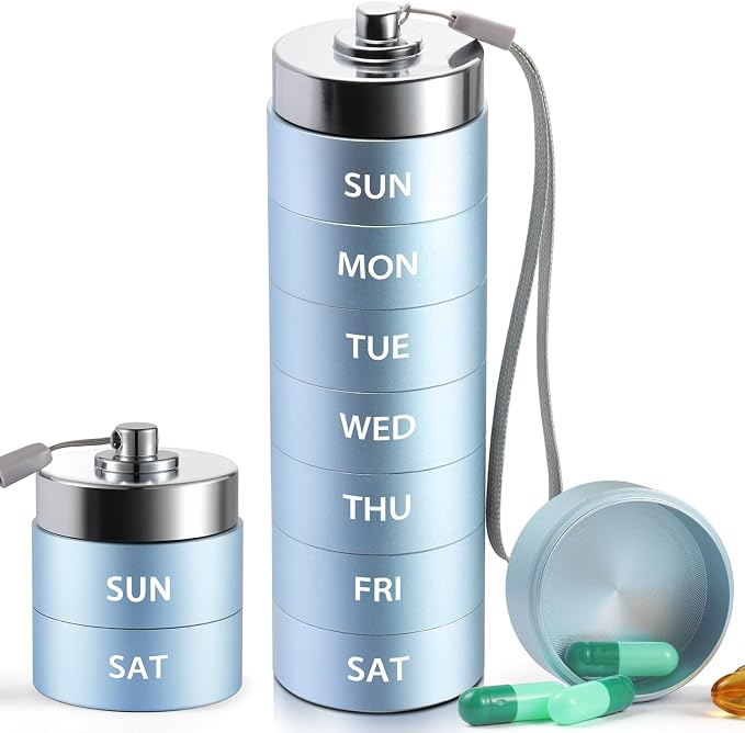 Metal Pill Organizer, Travel Large Weekly Pill Box, 7 Day Pill Container | OUVBTX Aluminum Alloy Waterproof Pill Case Container, 7 Day Daily Medicine Organizer for Vitamin, Fish Oil, Supplement, Blue