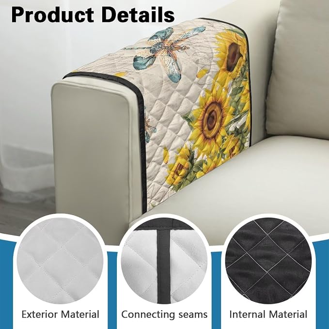 Sunflower Dragonfly Sofa Arm Covers Couch Arm Rest Covers for Sofa Cat Scratch Proof Slipcover Easy to Clean Armchair Cover Reusable Furniture Protector