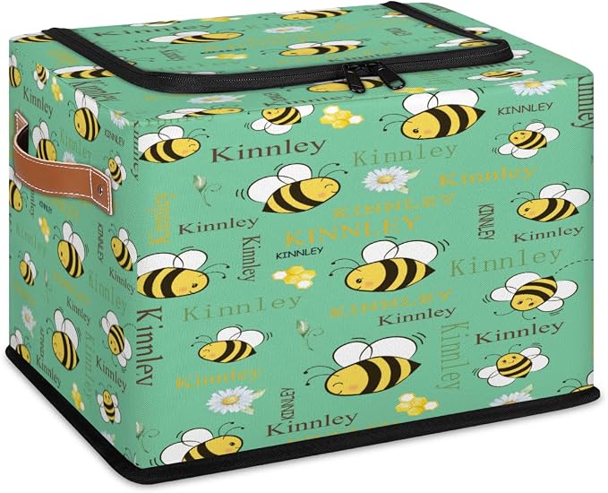 Personalized Black Storage Basket with Name, Mint Green, Bee with Daisy Floral Zipper Lid Laundy Hamper Dirty Clothes Pet Toys Storage Bin with Handles for Shelf Home Closet Kitchen