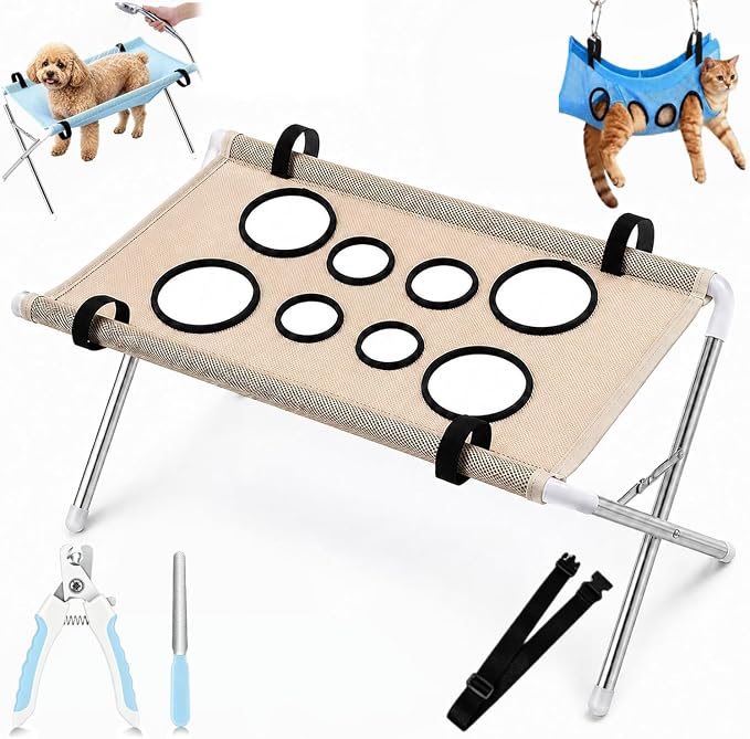 2-in-1 Foldable Pet Grooming Bed for Cat Small Dog with Nail Clippers (Khaki)