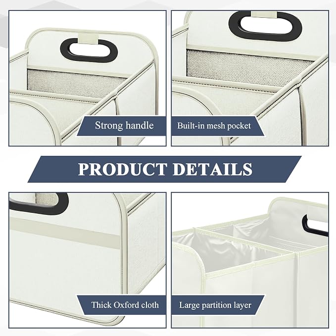 Car Trunk Organizer, Foldable Car Trunk Storage Box with 2 Compartments & Mesh Pocket, Large Capacity, Portable with Handle, Collapsible Backseat Storage Organizer for SUV Truck Sedan (White)