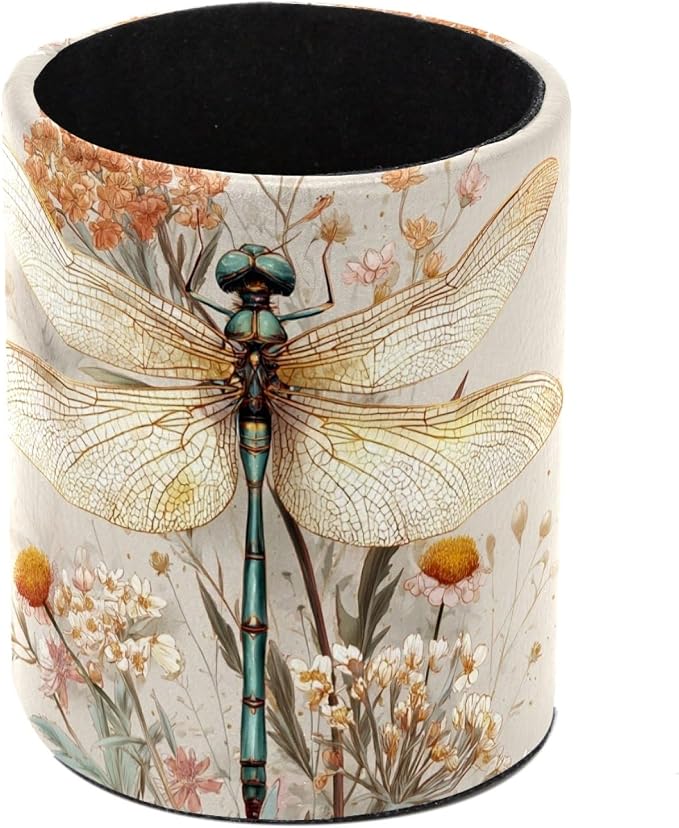 Dragonfly and Flower Pen Holder, Pencil Cup Marker Brush Holder Desk Storage Case, Desktop Organizer for School Office Home Supplies