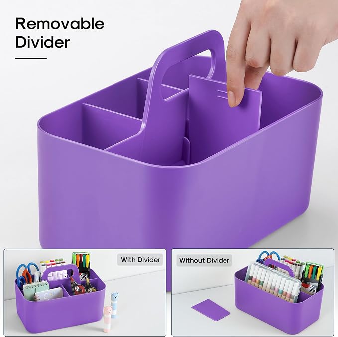 Multiuse Caddy Organizer with Handle, Portable Divided Plastic Tote Bin - Art Craft, Stationary Pen Marker Crayon, Makeup Hair Supplies Storage - Bathroom, Classroom, Dorm, Office, Desk Holder -Purple