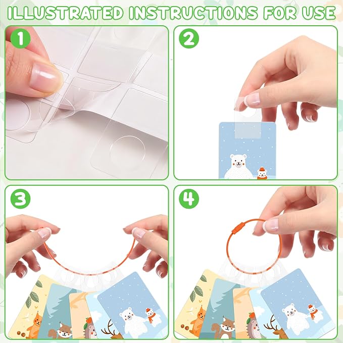 Holder for Cards Rings and Tabs, 100 PCS Clear Self Adhesive Hanging Tabs with 10 Metal Rings, Plastic Sticky Hang Tags for Retail Display, Card Accessories Organizer for Storage and Display