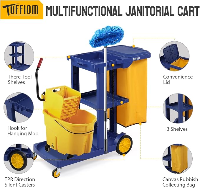 TUFFIOM Commercial Traditional Cleaning 3-Shelf Janitorial Cart, 500 Lbs Capacity Housekeeping Cart, Wheeled with Yellow VinylBag and Cover w Lid, Blue,