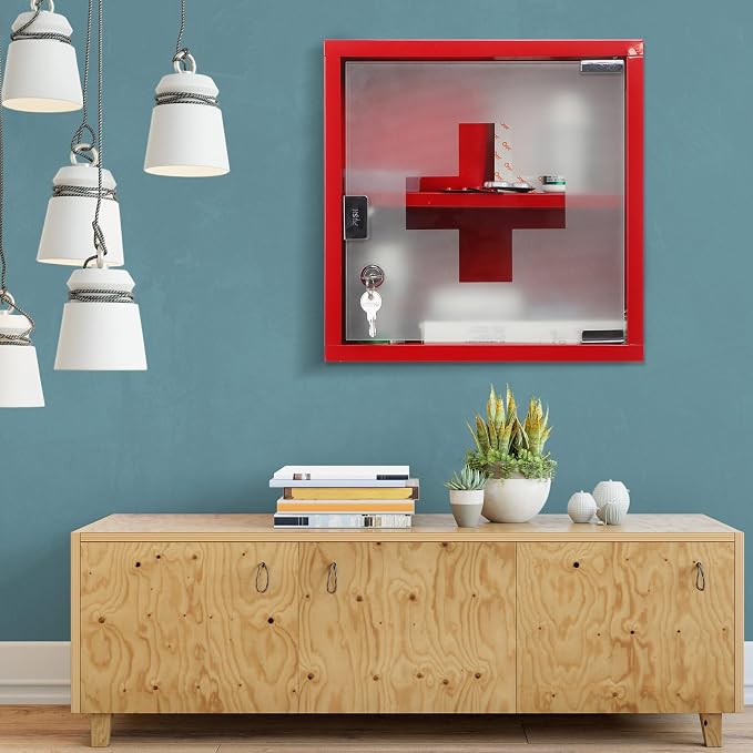 Timgle First Aid Wall Cabinet with Lock Medicine Wall Mounted Bathroom Storage Hanging Medical Cabinet with Safety Glass Door for Bathroom(2 Shelves,Red)