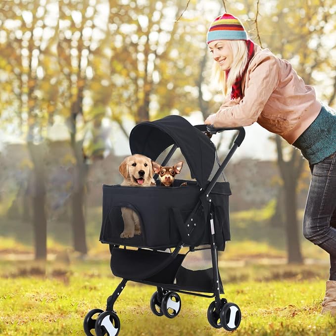 Dog Stroller Cat Stroller Pet stoller 3-in-1 Folding Dog Stroller for Small Medium Dogs Cats with Detachable Carrier Storage Basket Waterproof Lightweight for Travel,Black