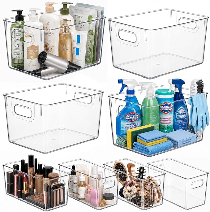 MOONEDGE 8 Pack Clear Plastic Storage Organizer Bins, 4 Large & 4 Narrow | Pantry Organizers and Storage, Clear Bins for Organizing, Narrow Storage Bins, Fruit Storage Containers for Fridge, Kitchen