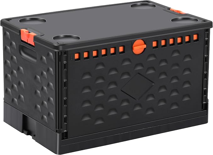Collapsible Storage Bin with Lid Heavy Duty 16 Gallon Stackable Milk Crate | Durable PP Stackable Design Folds Flat with Secure Lid for Books Clothes Shoes Groceries Trunk and Travel Storage