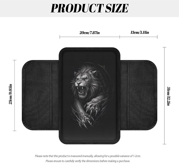 Howilath Black Lion Car Armrest Cover, Arm Rest Covers for SUV Sedan | Machine Washable. Auto Accessories with 2 Side Pockets for Storage, Easy Stretch-on Install