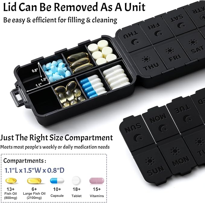 Foldable & Portable Pill Organizer 2 Times A Day with Extra Compartments - Etched Labels - Weekly 7 Day AM PM Medicine Box, Week Daily Travel Pill Case Holder Dispenser for Vitamin, Supplement - Black