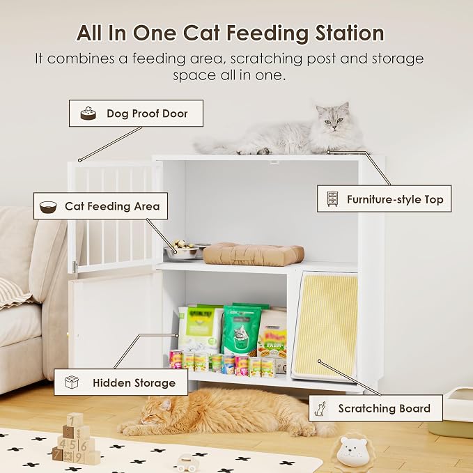 Dog Proof Cat Feeding Station, Metal Cat Feeding Cabinet, White | Elevated Cat Feeding Station, Pet Food Station with Storage, Cat Bowl Stand, Scratching Board, Stainless Steel Bowls