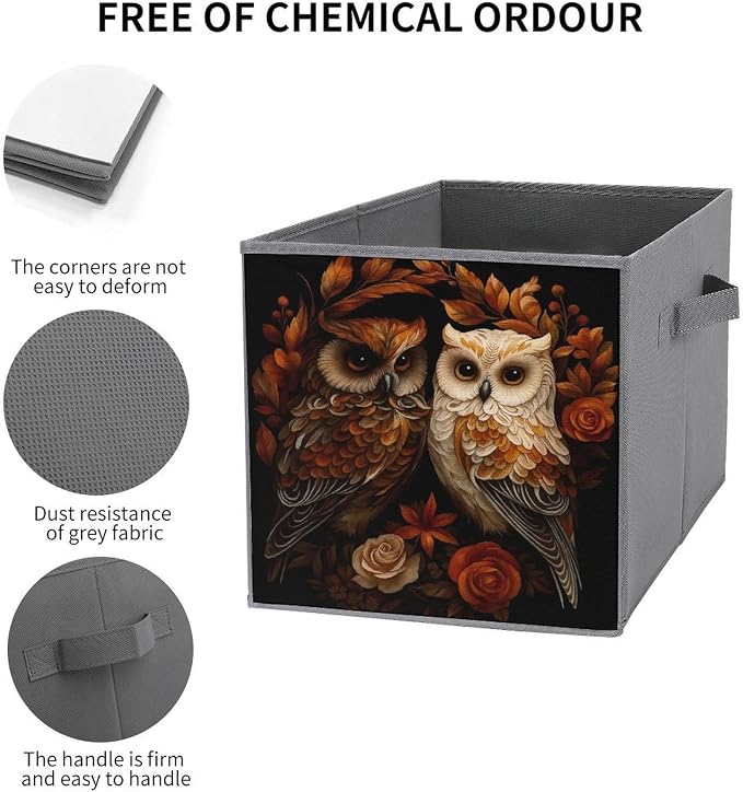 Owl Foldable Storage Bins, 10.6" Cube Storage Organizer, Sturdy Oxford Cloth Fabric Baskets for Closet, Shelf, Nursery, Bedroom, Decorative Printed Box for Toys & Clothes