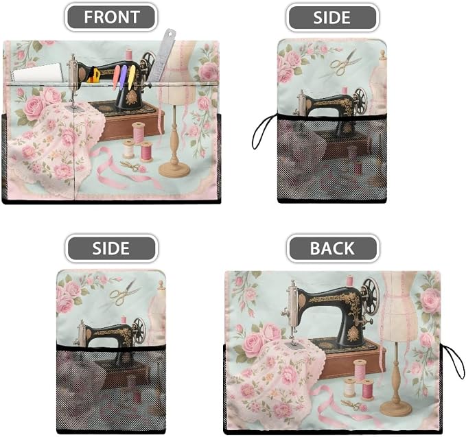 Rose Sewing Element Sewing Machine Cover with Storage Pockets,Dust & Pet Hair Protection,Fits Standard Singer, Brother and Janome Machines, Protecting & Decorating Your Sewing Space