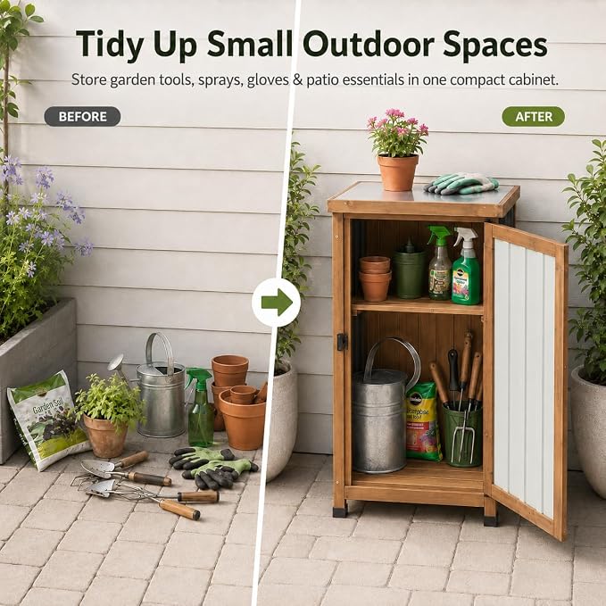 Ketive Outdoor Storage Cabinet with Metal Worktop, Small Garden Storage Cabinet with Adjustable Shelf, Weather-Resistant Fir Wood Tool Organizer for Patio, Backyard, Porch or Balcony