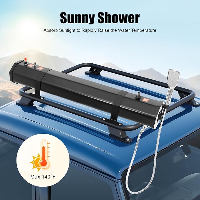 7.93 Gallon Self-Pressurized Water Tank Bumper Mount Roof Rack Water Storage Portable Shower for Camping with 5.58ft Hose Self-Pressurizing Design for Hiking, Travel Car Pet